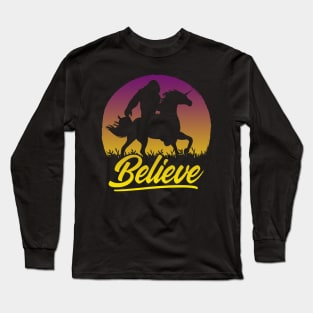 Bigfoot Riding Unicorn Vintage Sasquatch Long Sleeve T-Shirt